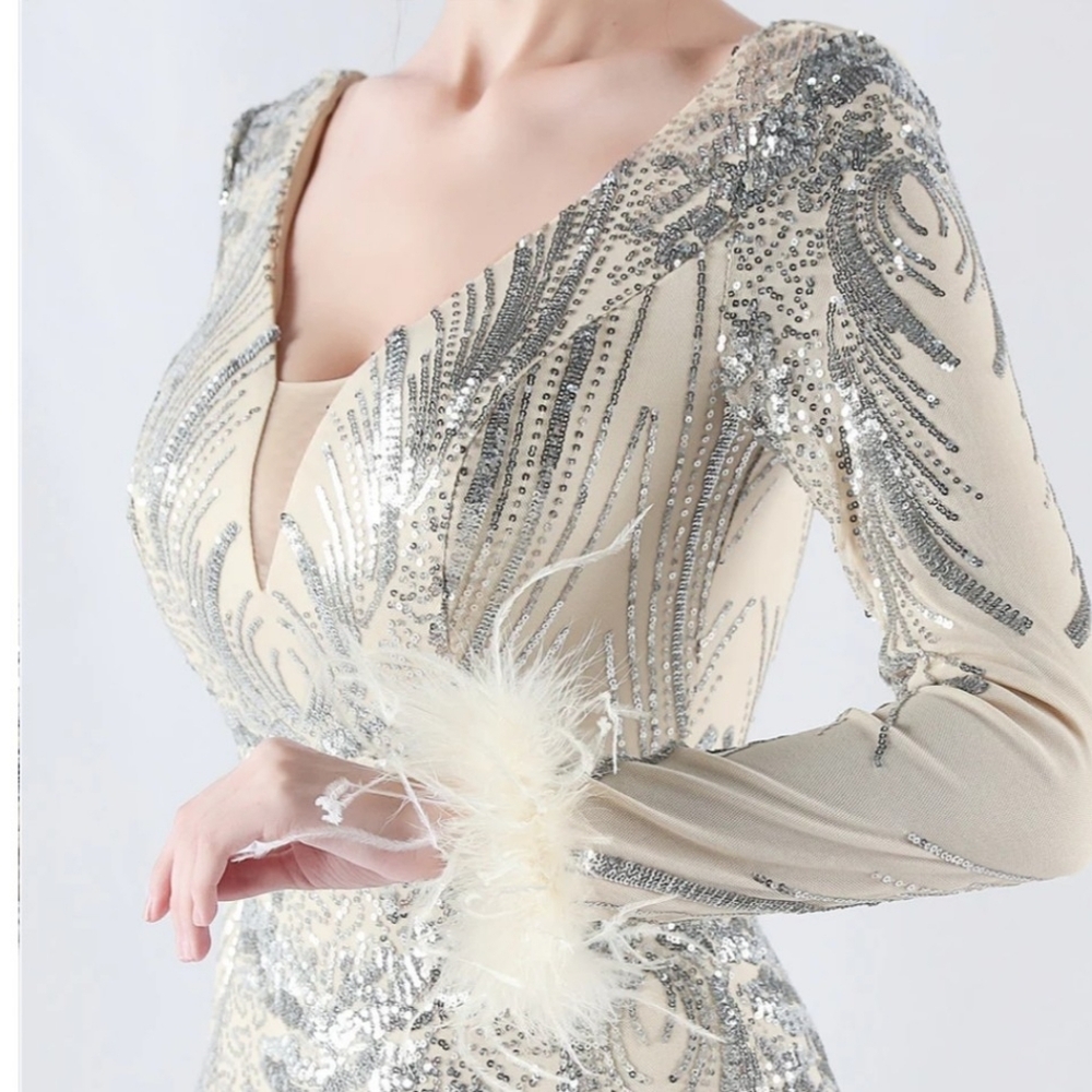 Sequin Silver & Cream Long-Sleeve Evening Gown With Ostrich Feathers - Picture 11 of 16